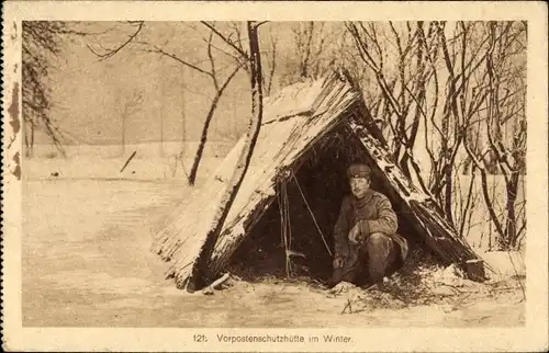 Ak Vorpostenschutzhütte im Winter, deutscher Soldat in Uniform, I WK