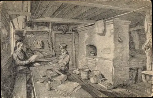 Künstler Ak Deutsche Soldaten in Uniformen in einem Bauernhaus, I WK