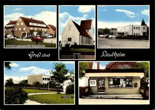 Ak Rautheim Braunschweig in Niedersachsen, Edeka, Kirche, Siedlung, Schule, Papierwaren Engelhardt