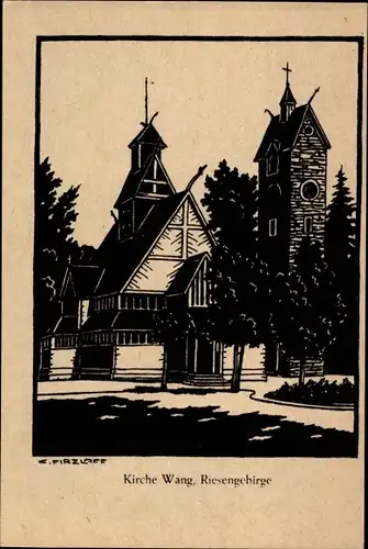 Künstler Ak Karpacz Górny Brückenberg Krummhübel Riesengebirge Schlesien, Kirche Wang