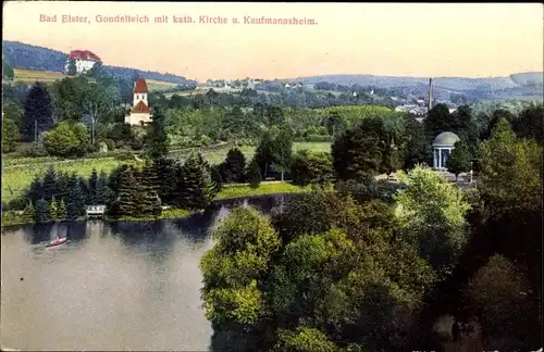 Ak Bad Elster im Vogtland, Gondelteich mit kath. Kirche u. Kaufmannsheim