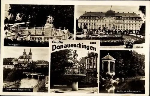 Ak Donaueschingen im Schwarzwald, Donauquelle, Schloss, Partie an der Schützenbrücke, Hanselebrunnen