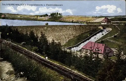 Ak Malter Dippoldiswalde im Osterzgebirge, Talsperre mit Elektritzitätswerk, Bahnschienen