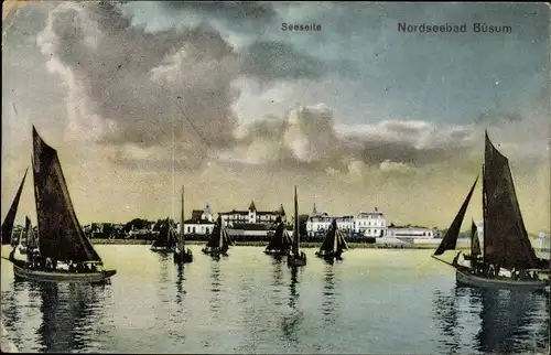 Ak Nordseebad Büsum, Seeseite, Blick auf den Ort, Segelboote