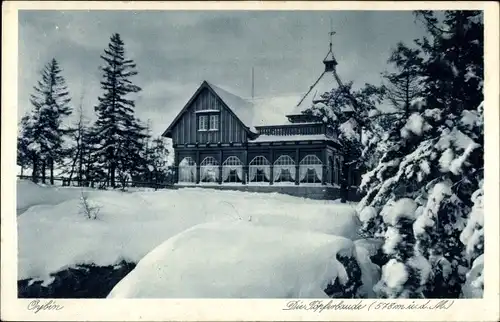 Ak Oybin in der Oberlausitz, die Baude auf dem Töpfer, Töpferbaude, Winteransicht