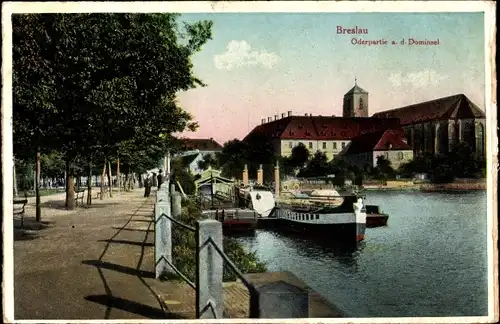 Ak Wrocław Breslau Schlesien, Oderpartie an der Dominsel, Sandkirche, Anlegestelle