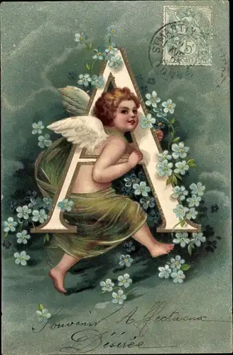 Buchstaben Präge Litho Buchstabe A, Vergissmeinnicht, Engel