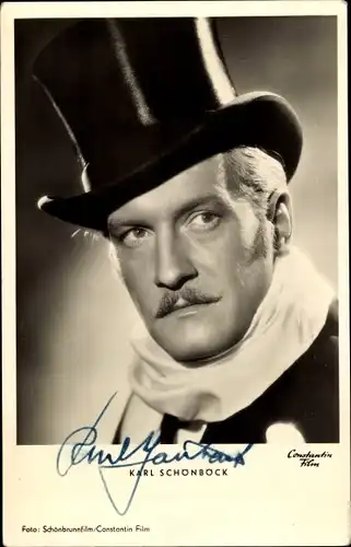 Ak Schauspieler Karl Schönböck, Portrait, Autogramm, Zylinder