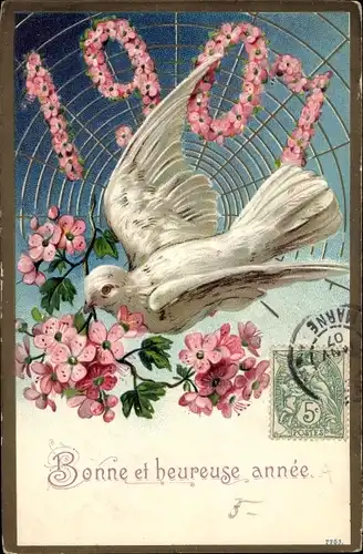 Präge Ak Glückwunsch Neujahr, Bonne et heureuse année 1907, Taube, Blüten