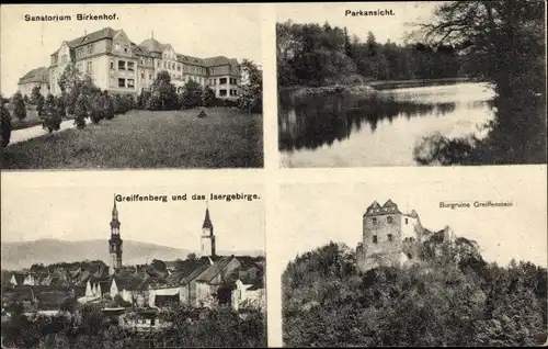 Ak Gryfów Śląski Greiffenberg Schlesien, Sanatorium Birkenhof, Burgruine, Park