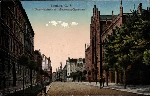 Ak Bytom Beuthen Oberschlesien, Gymnasialstraße mit Hindenburg-Gymnasium