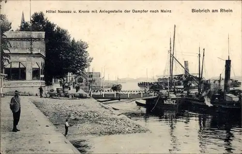 Ak Biebrich am Rhein Wiesbaden, Hotel Nassau u. Krone m. Anlegestelle d. Dampfer