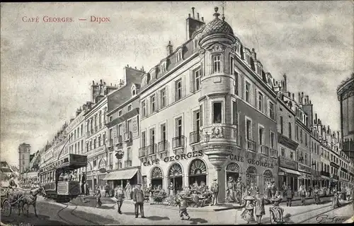 Künstler Ak Dijon Côte d'Or, Café Georges, Straßenbahn