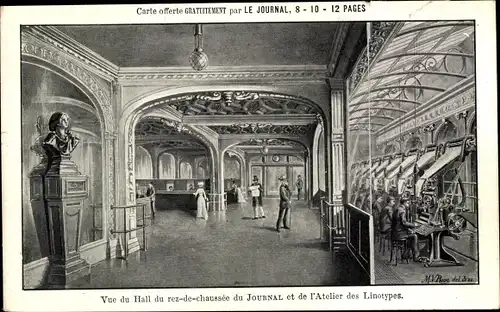 Ak Paris, Hall du rez de chaussee du Journal, Atelier des Linotypes