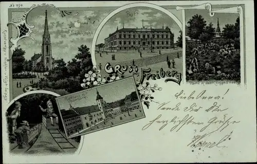 Mondschein Litho Freiberg in Sachsen, Jakobikirche, Post, Rathaus mit Obermarkt, Zwerge
