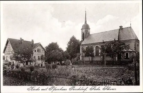 Ak Porschdorf Bad Schandau Sächsische Schweiz, Kirche mit Pfarrhaus