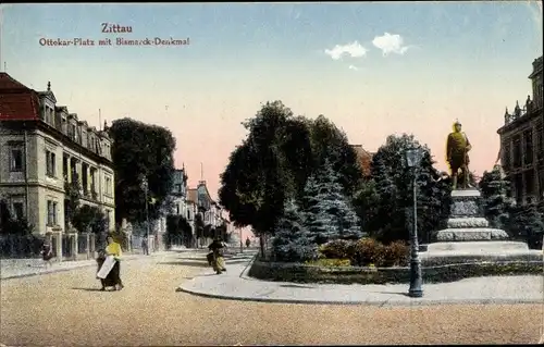 Ak Zittau in Sachsen, Ottokar-Platz mit Bismarck-Denkmal
