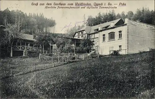 Ak Picka Oppach in der Oberlausitz, Gasthaus zum Waldfrieden, Außenansicht