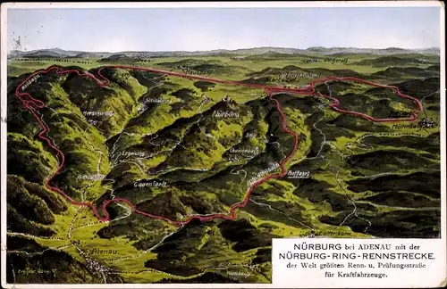 Landkarten Ak Adenau in der Eifel, Nürburg Ring Rennstrecke, Größte Rennstrecke