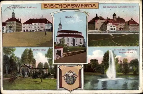 Ak Bischofswerda in Sachsen, Kirche, Marktplatz mit Rathaus, Butterberg, Lehrerseminar