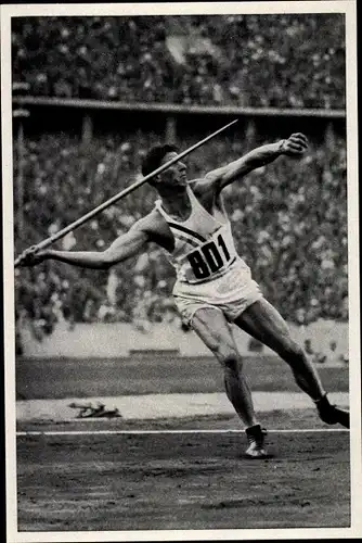 Sammelbild Olympia 1936, Speerwerfen beim Zehnkampf, Morris