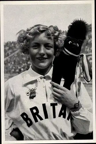 Sammelbild Olympia 1936, Schwimmerin Ruthley Moris-Hancock, Talisman, Stofftier schwarze Katze