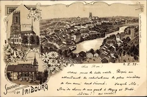 Litho Fribourg Freiburg Stadt Schweiz, Totalansicht, Kathedrale, Rathaus
