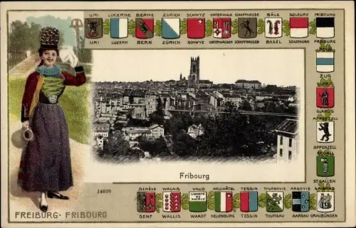 Wappen Ak Fribourg Freiburg Stadt Schweiz, Frau in Tracht, Stadtansicht