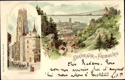 Litho Fribourg Freiburg Stadt Schweiz, Stadtansicht, Brücke