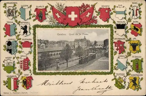 Präge Wappen Ak Genève Genf Stadt, Quai de la Poste
