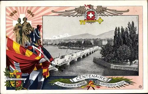 Wappen Ak Genève Genf Stadt, Vue generale, Gesamtansicht, Centenaire de la Reunion