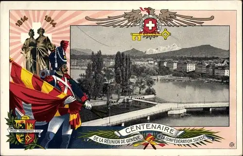 Wappen Ak Genève Genf Stadt, Vue generale, Gesamtansicht, Centenaire de la Reunion