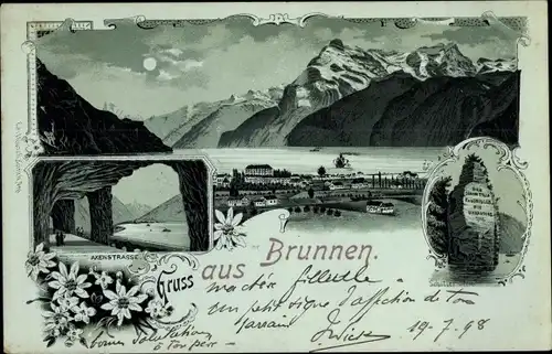 Mondschein Litho Brunnen Kt. Schwyz Schweiz, Panorama, Axenstraße, Schillerstein