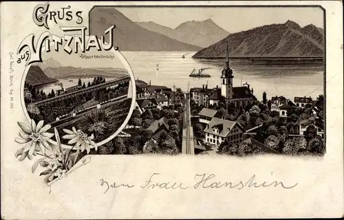 Litho Vitznau Kanton Luzern, Schnurtobelbrücke, Blick auf den Ort, Zahnradbahn
