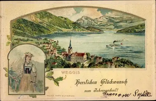 Präge Litho Weggis Kanton Luzern, Glückwunsch Neujahr, Frau in Tracht, Ortsansicht