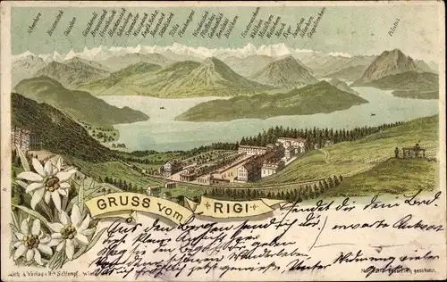 Ak Rigi Kulm Kanton Schwyz, Gebirgspanorama, Edelweiß, Ortschaft