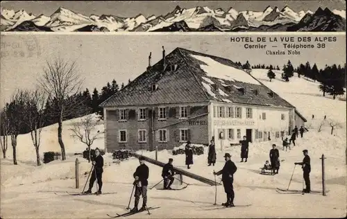 Ak Cernier Neuenburg Kt. Neuenburg, Hotel de la Vue des Alpes, Ski, Schlitten