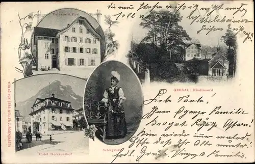 Ak Gersau Kanton Schwyz, Frau in Tracht, Hotel Gersauerhof, Rathaus, Post, Kindlimord