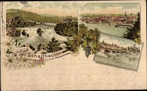 Litho Schaffhausen am Rhein Schweiz, Stadtansicht, Rheinfall