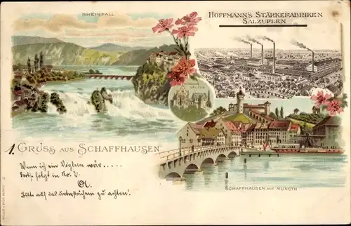 Litho Schaffhausen Stadt Schweiz, Rheinfall, Reklame, Hoffmann's Stärkefabriken Salzuflen