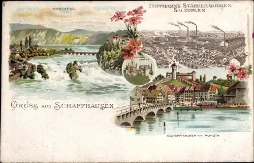 Litho Schaffhausen Stadt Schweiz, Rheinfall, Reklame, Hoffmann's Stärkefabriken Salzuflen
