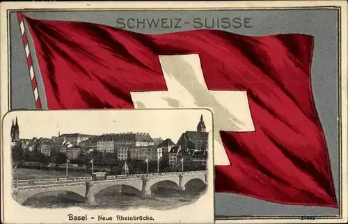 Präge Passepartout Ak Bâle Basel Stadt Schweiz, Neue Rheinbrücke, Landesflagge