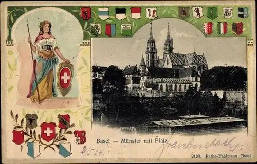 Präge Wappen Passepartout Ak Bâle Basel Stadt Schweiz, Münster mit Pfalz