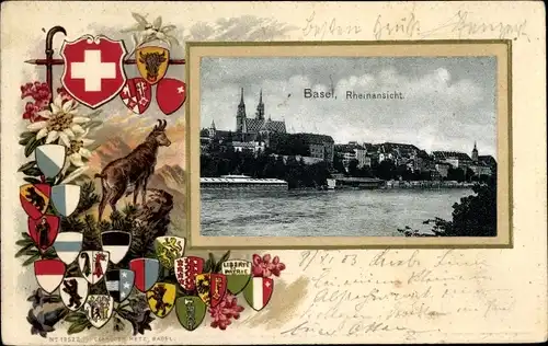 Präge Wappen Passepartout Ak Bâle Basel Stadt Schweiz, Rheinansicht