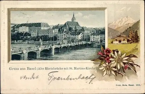 Präge Passepartout Ak Bâle Basel Stadt Schweiz, Alte Rheinrücke, St. Martins Kirche