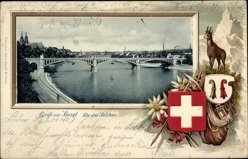 Präge Wappen Passepartout Ak Bâle Basel Stadt Schweiz, Die drei Brücken, Gemse