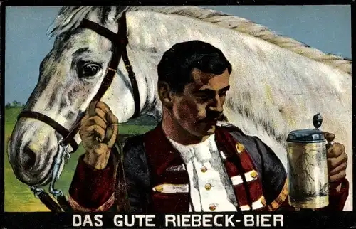 Künstler Ak Leipzig, Das gute Riebeck Bier, Mann mit weißem Pferd, Bierkrug, Reklame