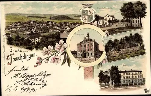 Litho Treuchtlingen im Altmühltal Mittelfranken, Bahnhofstraße, Schloss, Rathaus, Burgruine