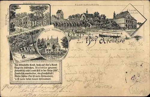 Litho Arendsee in der Altmark, Kurhaus, Klosterkirche, Landw. Schule, Villa Genesen, Schützenhaus