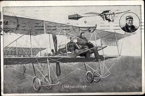 Ak Flieger Otto Lindpaintner, Beim Start im Flugzeug mit Büchner, Biplan, Flugpionier